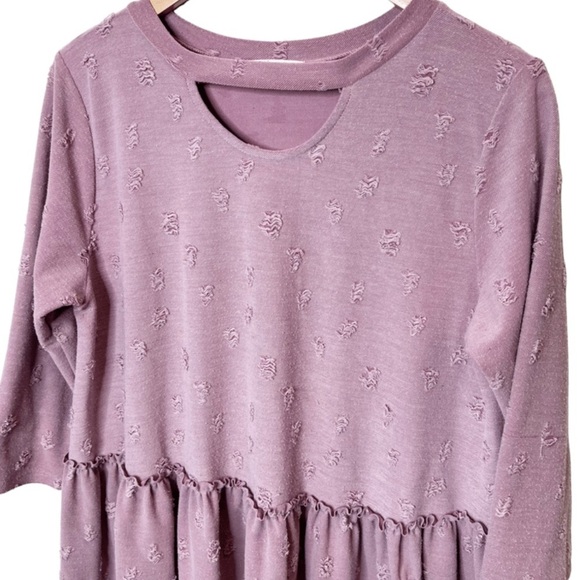 Entro Women’s Pink Rose Distressed Babydoll Tier Ruffle Keyhole Cutout Blouse - Picture 6 of 15